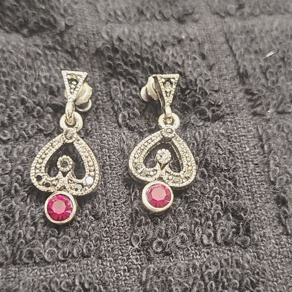 Silver Heart Earrings with red stone